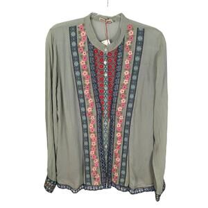 Johnny Was Kabuki Blouse Embroidered Button Front Sage Green Multi Color M NWT